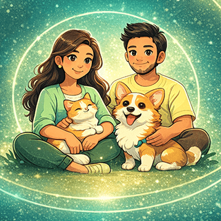 Happy pet owner couple holding cat and dog
